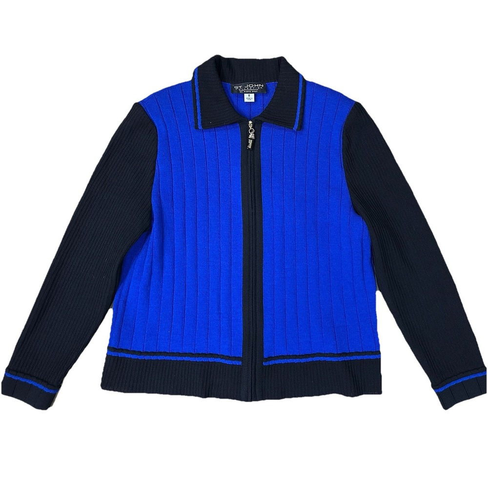 St John Collection Black Blue Colorblock Mock Neck Zip Up Sweater Size 8 USA